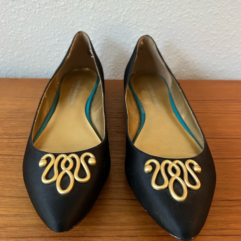 Embellished Black Satin Pointes Ballet Flats with Gold Hardware
